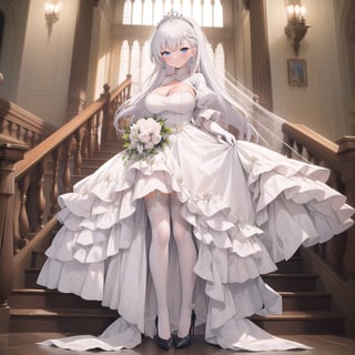 1girl, solo, masterpiece, best quality, colorful, ultrahighres, castle,

full body, earrings, tiaras, huge breast, long hair, lacetrimmed legwear, frilled sleeves, crew neck, brooch, tiaras, stiletto heels, legwear garter, white thighhighs, elbow gloves, 

blush, smile, 

wedding_dress, Crinoline Dress, aabelfast, white dress, 