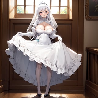 1girl, solo, masterpiece, best quality, colorful, ultrahighres, outside of castle,

full body, earrings, tiaras, huge breast, long hair, lacetrimmed legwear, frilled sleeves, crew neck, brooch, tiaras, stiletto heels, legwear garter, white thighhighs, elbow gloves, 

blush, smile, Skirt lift, 

wedding_dress, Crinoline Dress, aabelfast, white dress, 