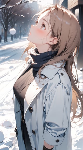 1lady standing, (looking up at the sky), /(stylish outfit, The Long Coat, muffler, Gloves/), mature female, /(brown hair, long hair/) bangs, blush (eyes sparkling with fascination), facing away, (masterpiece best quality:1.2) delicate illustration ultra-detailed BREAK (snow falling around her:1.2), outdoors
