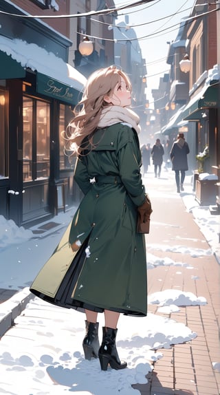 1lady standing, (looking up at the sky), /(stylish outfit, The Long Coat, muffler, Gloves/), mature female, /(brown hair, long hair/) bangs, blush (eyes sparkling with fascination), facing away, (masterpiece best quality:1.2) delicate illustration ultra-detailed BREAK (snow falling around her:1.2), main street outdoors