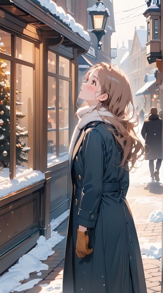 1lady standing, (looking up at the sky), /(stylish outfit, The Long Coat, muffler, Gloves/), mature female, /(brown hair, long hair/) bangs, blush (eyes sparkling with fascination), facing away, (masterpiece best quality:1.2) delicate illustration ultra-detailed BREAK (snow falling around her:1.2), main street outdoors