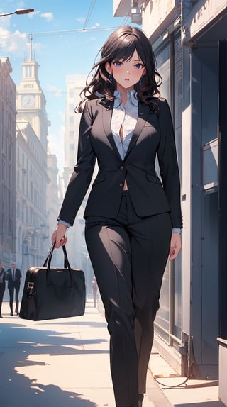 ((masterpiece)), ((best quality)), (detailed), ((high resolution)), ((Extremely detailed CG unified 8k wallpaper)), very detailed, ultra high resolution, highest resolution, very detailed face, very detailed eyes, complete anatomy, very detailed skin, female, solo, ((business suit, black suit pants)), perfect body, wavy hair, walking posture, city hall, natural light,