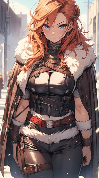 busty and sexy girl, 1girl, 16 yo girl, red & blonde mixed long hair, leather armor, leather long pants, fur cloak, (sexyposture), 8k, masterpiece, ultra-realistic, best quality, high resolution, high definition,breakdomain,viking