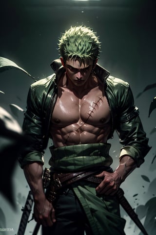 roronoa zoro, three swords on his waist, green outfit, green hair (vertical scar across the left eye), symmetrical body, muscular body, (closed left eye), full_body_portrait, cinematic lighting, high contrast, art station, character concept art, 8K, uplight, cinematic, (21 years old)