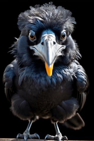 Black background. Cuteness overload, highly Detailed. Cute and adorable fluffy crow, fantasy, dreamlike, surrealism, super cute, looking into the camera. Remix photo by Jim Jim (Jim)