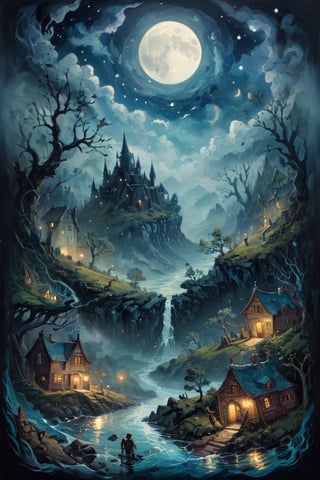 Lost land of otherworldly dreams, fantasy, magic, ink, acrylic, double exposure, mythological, best quality, night, moon, fog, gloomy, Van Gogh, Craola, Dan Mumford, Andy Kehoe, Miyazaki, patchwork, 2d, flat, cute, adorable, vintage, art on a cracked paper, ,  . storybook detailed illustration, cinematic, ultra highly detailed, tiny details, beautiful details, mystical, luminism, vibrant colors, complex background