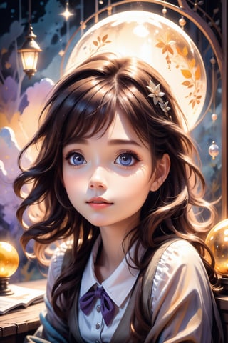 a cute large-eyed girl, slender and small face, very glossy skin, slight smile, dark-brown long hair, sitting, top view, fairytale manga style, croquis, creepy atmosphere rough texture, Dark shades, vintage watercolor, rotten painting, octane rendering, 3D rendering, nightmarish visuals, girl in a magic orb, school uniform, surrealistic and fantastic dreamy landscapes, provocative pose, dynamic pose, beautiful legs, sfumato, surrealism, cinematic, masterpiece, combines fantasy and reality, fairytale elements, smooth, Strong and contrasting colors, vivid colors, rich colors, combination of various colors and shades, highly details, best Quality, Tyndall effect, good composition, free composition, spatial effects, lively and deep art, warm soft light, three-dimensional lighting, volume lighting, back lighting hair, Film light, dynamic lighting