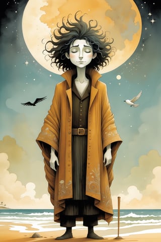 Sandman character from Neil Gaiman graphic novels,

perfect detailing, intricate details, mellow, muted hues, romantic, shabby-chic, dreamy artwork by oliver jeffers & jane newland   
