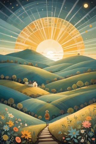 But the fool on the hill sees the sun going down
And the eyes in his head see the world spinning 'round,

perfect detailing, intricate details, mellow, muted hues, romantic, shabby-chic, artwork by oliver jeffers & jane newland   
