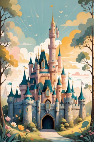 happyy sunshine over disney castle, perfect detailing, intricate details, mellow, muted hues, romantic, shabby-chic, dreamy artwork by oliver jeffers & jane newland   
