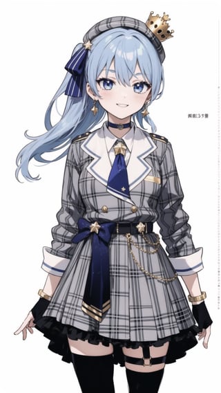 shinobu kochou, 1girl, masterpiece, extremely detailed face, lineart, sketch art, standing still, front view ,line anime, smiling,READ THE DESCRIPTIONm,HoshimachiSuisei,SuiseiBase, plaid beret, crown, blue star choker, star earrings, blue ascot, plaid jacket, plaid skirt, layered skirt, partially fingerless gloves, star bracelet, uneven legwear, thigh strap