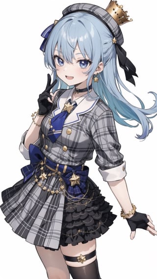 shinobu kochou, 1girl, masterpiece, extremely detailed face, lineart, sketch art, standing still, front view ,line anime, smiling,READ THE DESCRIPTIONm,HoshimachiSuisei,SuiseiBase, plaid beret, crown, blue star choker, star earrings, blue ascot, plaid jacket, plaid skirt, layered skirt, partially fingerless gloves, star bracelet, uneven legwear, thigh strap