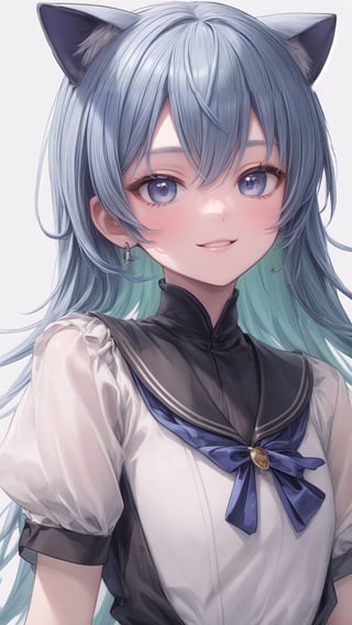cat girl, ears, blue long hair,  middle school uniform, smile: 0.8, Avatar, blue: 1.2, pale light, upper body, Simple background, flat background, pale background, light blue tone, (masterpiece, top quality, super detailed, high resolution, highly detailed),READ THE DESCRIPTION