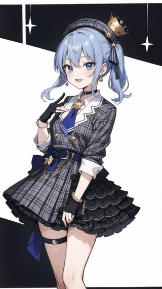 shinobu kochou, 1girl, masterpiece, extremely detailed face, lineart, sketch art, standing still, front view ,line anime, smiling,READ THE DESCRIPTIONm,HoshimachiSuisei,SuiseiBase, plaid beret, crown, blue star choker, star earrings, blue ascot, plaid jacket, plaid skirt, layered skirt, partially fingerless gloves, star bracelet, uneven legwear, thigh strap