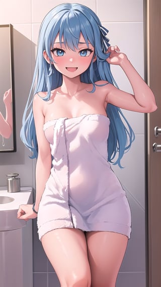 1girl, blue long hair,
high_school_girl,  Happy shy face , washroom , disheveled, aaasuna, :) , sexy  , naked towel,,1girl,READ THE DESCRIPTION