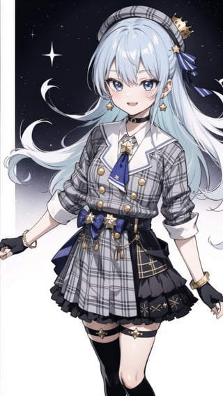 shinobu kochou, 1girl, masterpiece, extremely detailed face, lineart, sketch art, standing still, front view ,line anime, smiling,READ THE DESCRIPTIONm,HoshimachiSuisei,SuiseiBase, plaid beret, crown, blue star choker, star earrings, blue ascot, plaid jacket, plaid skirt, layered skirt, partially fingerless gloves, star bracelet, uneven legwear, thigh strap