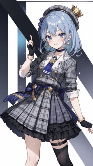 shinobu kochou, 1girl, masterpiece, extremely detailed face, lineart, sketch art, standing still, front view ,line anime, smiling,READ THE DESCRIPTIONm,HoshimachiSuisei,SuiseiBase, plaid beret, crown, blue star choker, star earrings, blue ascot, plaid jacket, plaid skirt, layered skirt, partially fingerless gloves, star bracelet, uneven legwear, thigh strap