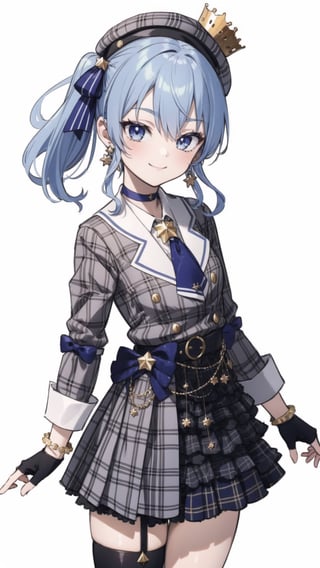 shinobu kochou, 1girl, masterpiece, extremely detailed face, lineart, sketch art, standing still, front view ,line anime, smiling,READ THE DESCRIPTIONm,HoshimachiSuisei,SuiseiBase, plaid beret, crown, blue star choker, star earrings, blue ascot, plaid jacket, plaid skirt, layered skirt, partially fingerless gloves, star bracelet, uneven legwear, thigh strap