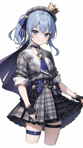 shinobu kochou, 1girl, masterpiece, extremely detailed face, lineart, sketch art, standing still, front view ,line anime, smiling,READ THE DESCRIPTIONm,HoshimachiSuisei,SuiseiBase, plaid beret, crown, blue star choker, star earrings, blue ascot, plaid jacket, plaid skirt, layered skirt, partially fingerless gloves, star bracelet, uneven legwear, thigh strap