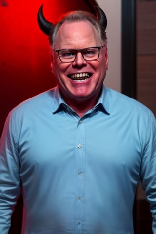 (8k, best quality, masterpiece:1.2), (intricate details), perfect eyes, perfect face, perfect lighting, solo, upper_body, looking at viewer,, kitchen background, raw photo, realistic, Zaslav, glasses, blue eyes, grey hair, very angry, mean, dark colors, horns, sharp teeth, glowing eyes, demon eyes, veins, red skin