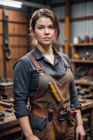 Dark and moody rustic mechanic, Photo of a woman, 28yo in a workshop, sweaty, It's November. Toolbelt around her waist, The autumn leaves may have gone, but not those in her heart, delicate face, gloomy,natural skin,blemishes,no makeup,
