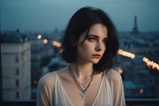 A photoreal portrait of a lonely woman who lost her lover. She has dark hair, pale skin, blue eyes, and tears. She wears a bird necklace. She is in a rooftop apartment in the city, holding a smartphone and looking out the window. She sees skyscrapers that remind her of him. She wants to escape from her pain. The portrait shows her emotions and story , waiting for someone, melancholic, sad, crying the night before, natural colours, long black hair,messy hair, short hairs, 30 year old, natural skin, extremely detailed,photo r3al,aesthetic portrait, wide shot,(cinematic),no teeth, no sun, in a white blouse, ((night)), warm string lights, candle light, chandelier, 35mm, vogue magazine, film, paris