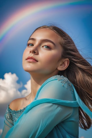 The upper body of a young girl is enveloped in the vibrant hues of a magnificent rainbow, creating a scene of pure joy and wonder. The colors of the rainbow arc gracefully above her, casting a radiant glow upon her face. Her eyes light up with delight as she gazes up at the magical display in the sky. The camera perspective captures her from a slightly tilted angle, emphasizing her awe and excitement. Each detail is meticulously rendered, from the subtle reflections of the rainbow on her skin to the twinkle in her eyes, creating a captivating and immersive visual experience that captures the beauty and magic of this enchanting moment.