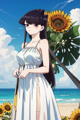 1girl, solo, long hair, breasts, looking at viewer, blush, bangs, black hair, hair ornament, dress, holding, bare shoulders, closed mouth, standing, purple eyes, collarbone, flower, outdoors, sky, sleeveless, day, cloud, hair flower, water, white dress, blue sky, see-through, sleeveless dress, ocean, beach, yellow flower, sand, sun, sunflower, sundress, holding hair, semi-transparent dress, komi shouko,SK,komi_shouko,3D