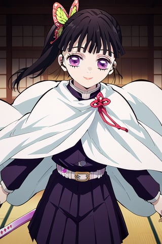 Tsuyuri Kanao stands solo, looking directly at the viewer with an innocent smile. Her black hair is adorned with a butterfly hair ornament and styled in a side ponytail. She wears the demon slayer uniform, complete with a white cape and belt, along with long sleeves and a pleated skirt that falls just above her knees. A katana sheath hangs at her side, its sword sheathed. Her purple eyes sparkle as she gazes innocently at the viewer, her bangs framing her face.