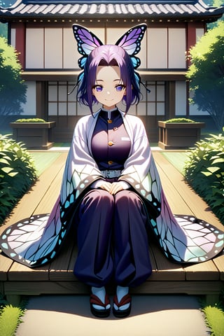 (best quality:1.2), 1girl, (masterpiece:1.2), raytracing, cute face, perfect face, ultra detailed,detailed face, 8k wallpaper, wide hips, , ShinobuKochou_NDV, 1girl, purple eyes, black-purple hair, japanese clothes, demon slayer uniform, butterfly hair ornament, belt, black pants, black jacket, smile,  , outdoor, large breasts, sitting,shinobu kochou