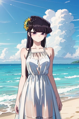 1girl, solo, long hair, breasts, looking at viewer, blush, bangs, black hair, hair ornament, dress, holding, bare shoulders, closed mouth, standing, purple eyes, collarbone, flower, outdoors, sky, sleeveless, day, cloud, hair flower, water, white dress, blue sky, see-through, sleeveless dress, ocean, beach, yellow flower, sand, sun, sunflower, sundress, holding hair, semi-transparent dress, komi shouko,SK,komi_shouko,3D