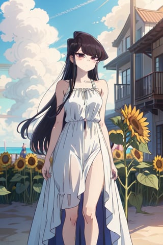 A serene beach scene unfolds as Komi Shouko stands tall, her long black hair flowing in the gentle ocean breeze. Her striking purple eyes gaze directly at the viewer, a blush rising to her cheeks. A yellow sunflower adorns her bangs, and a delicate flower ornaments her hair. She wears a semi-transparent white sundress that showcases her bare shoulders, its sleeveless design framing her curves. The sky above is a brilliant blue, with only a few wispy clouds drifting lazily across it. The warm sunlight casts a golden glow on the scene, highlighting the soft sand beneath Komi's feet as she holds her flowing locks and stands confidently, her closed mouth and subtle smile exuding an air of quiet confidence.