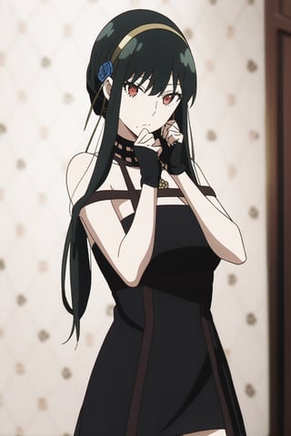 A striking image of a single girl standing confidently, her long black hair flowing down her back like a river of night. Her bangs are swept to the sides, framing her face as she gazes directly at the viewer with piercing red eyes. Her large breasts are showcased under a sleeveless black dress with a floral print, adorned with intricate jewelry and a gold hairband that holds her locks in place. She wears thigh-high boots with high heels, black gloves, and fingerless gloves on her hands. A flower adorns her hair, while she dual-wields a knife and dagger, their blades glinting in the light. The overall atmosphere is one of edgy elegance, capturing the essence of Zettai Ryouiki (absolute territory) with its blend of mystique and power.,bbyorf,Yor Forger
Background of a room with blood stains on the wall, blurred background