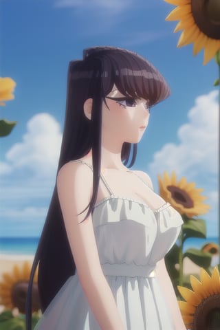 1girl, solo, long hair, breasts, looking at viewer, blush, bangs, black hair, hair ornament, dress, holding, bare shoulders, closed mouth, standing, purple eyes, collarbone, flower, outdoors, sky, sleeveless, day, cloud, hair flower, water, white dress, blue sky, see-through, sleeveless dress, ocean, beach, yellow flower, sand, sun, sunflower, sundress, holding hair, semi-transparent dress, komi shouko,SK,komi_shouko,3D