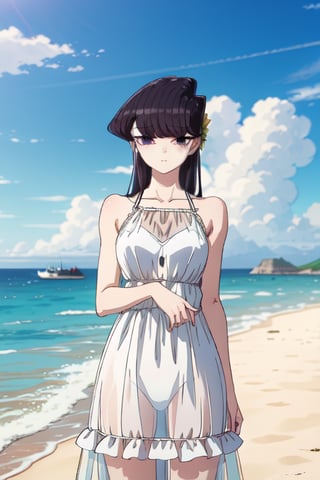 1girl, solo, long hair, breasts, looking at viewer, blush, bangs, black hair, hair ornament, dress, holding, bare shoulders, closed mouth, standing, purple eyes, collarbone, flower, outdoors, sky, sleeveless, day, cloud, hair flower, water, white dress, blue sky, see-through, sleeveless dress, ocean, beach, yellow flower, sand, sun, sunflower, sundress, holding hair, semi-transparent dress, komi shouko,SK,komi_shouko,3D