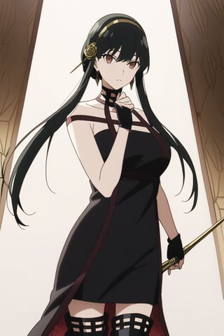 A striking image of a single girl standing confidently, her long black hair flowing down her back like a river of night. Her bangs are swept to the sides, framing her face as she gazes directly at the viewer with piercing red eyes. Her large breasts are showcased under a sleeveless black dress with a floral print, adorned with intricate jewelry and a gold hairband that holds her locks in place. She wears thigh-high boots with high heels, black gloves, and fingerless gloves on her hands. A flower adorns her hair, while she dual-wields a knife and dagger, their blades glinting in the light. The overall atmosphere is one of edgy elegance, capturing the essence of Zettai Ryouiki (absolute territory) with its blend of mystique and power.,bbyorf,Yor Forger