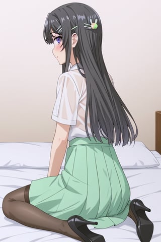 1 girl, alone, long hair, looking at viewer, blushing, blue eyes, skirt, sheer shirt, black hair, hair ornament, white background, sitting, purple eyes, stockings, hairpin, high heels, wariza, green skirt, rabbit hair ornament, sitting on bed, facing away from viewer
sakurajima mai,mai sakurajima