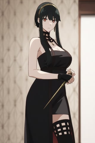 A striking image of a single girl standing confidently, her long black hair flowing down her back like a river of night. Her bangs are swept to the sides, framing her face as she gazes directly at the viewer with piercing red eyes. Her large breasts are showcased under a sleeveless black dress with a floral print, adorned with intricate jewelry and a gold hairband that holds her locks in place. She wears thigh-high boots with high heels, black gloves, and fingerless gloves on her hands. A flower adorns her hair, while she dual-wields a knife and dagger, their blades glinting in the light. The overall atmosphere is one of edgy elegance, capturing the essence of Zettai Ryouiki (absolute territory) with its blend of mystique and power.,bbyorf,Yor Forger
Background of a room with blood stains on the wall, blurred background