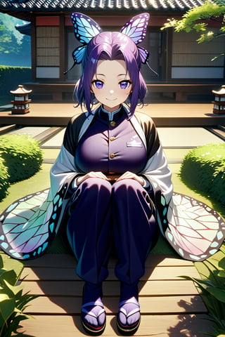 (best quality:1.2), 1girl, (masterpiece:1.2), raytracing, cute face, perfect face, ultra detailed,detailed face, 8k wallpaper, wide hips, , ShinobuKochou_NDV, 1girl, purple eyes, black-purple hair, japanese clothes, demon slayer uniform, butterfly hair ornament, belt, black pants, black jacket, smile,  , outdoor, large breasts, sitting,shinobu kochou