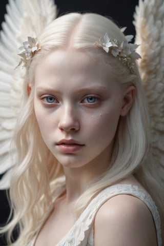 Realistic portrait of a beautiful Albino girl representing an angel with detailed realistic wings, pale albino skin, detailed skin pores, realistic shading, detailed feathers, accurate wing placement, ethereal lighting, cinematic, character design by Steve Wang and Karla Ortiz, 4k resolution,DonMM1y4XL