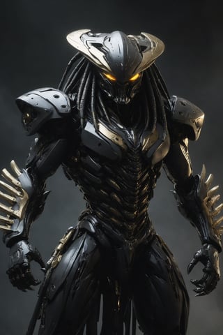 Futuristic alien robot inspired by the Predator character from the movie franchise "Predator", highly detailed digital art masterpiece, sci-fi, weapon, solo, standing, redesign, military, arm cannon, UHD, monochrome, masterpiece digital painting by Greg Rutkowsky and Gotham robots, futuristic cyberpunk background, punk glow neons