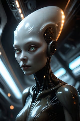 beautiful seductive female, half alien half human, pale albino skin, on board of an alien UFO, cinematic, detailed, hyperrealistic, alien technology, futuristic setting, glowing light effects, digital painting, character design by Craig Mullins and H.R. Giger, 4k resolution, octane render,Realistic