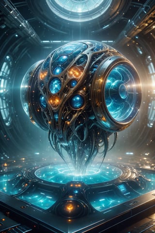 A futuristic robot standing in a pool of glowing liquid energy. Its sleek, jellyfish-shaped brain floats effortlessly within the ethereal substance, pulsating with an otherworldly glow. The robot's body is constructed from a series of articulated metal tentacles that extend from its central core, allowing it to move with grace and agility. Its outer surface is adorned with an array of sensors, cameras, and microphones, giving it a technological edge that complements its organic design. The liquid energy in the pool provides the robot with the power it needs to function, as well as serving as a conduit for information transfer between its brain and the sensors embedded within its body. The image conveys a sense of harmony between the robot's biological and mechanical components, showcasing a unique blend of nature and technology.,ROBOT,alienzkin