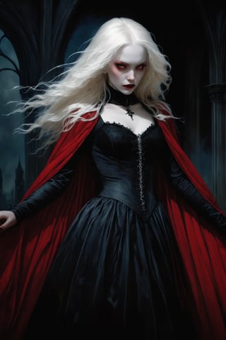 Evil sadistic female vampire with pale albino-like skin and gorgeous figure, messy layered hair and long fangs, wearing a sheer goth dress and red cape. High detail, realistic, gothic style, dramatic lighting, beauty in darkness, hyper-realistic digital painting by Victoria Frances and Brom and Luis Royo, concept art, 4k resolution,DonMM1y4XL