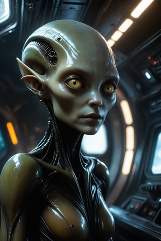 beautiful seductive female, half alien half human, on board of an alien UFO, cinematic, detailed, hyperrealistic, alien technology, futuristic setting, glowing light effects, digital painting, character design by Craig Mullins and H.R. Giger, 4k resolution, octane render,Realistic