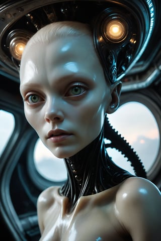 beautiful seductive female, half alien half human, pale albino skin, on board of an alien UFO, cinematic, detailed, hyperrealistic, alien technology, futuristic setting, glowing light effects, digital painting, character design by Craig Mullins and H.R. Giger, 4k resolution, octane render,Realistic