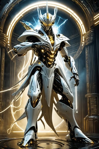 Futuristic alien robot inspired by Zeus, clad in a white Greek tunic, epic, mecha, science fiction, detailed design, lightning effects, dynamic pose, digital painting by Greg Rutkowsky and H.R. Giger, futuristic cyberpunk background, glowing neon lights