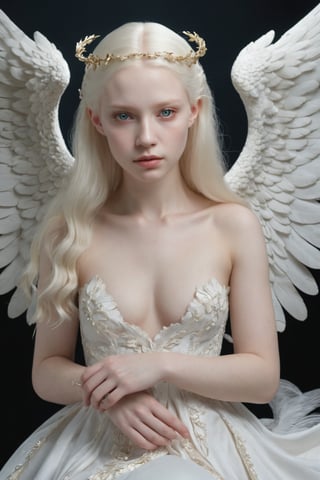Realistic portrait of a beautiful Albino girl representing an angel with detailed realistic wings, pale albino skin, detailed skin pores, perfect hands, realistic shading, detailed feathers, accurate wing placement, ethereal lighting, cinematic, character design by Steve Wang and Karla Ortiz, 4k resolution,DonMM1y4XL,Perfect Hands