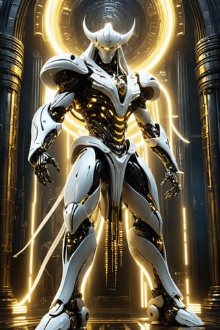 Futuristic alien robot inspired by Zeus, clad in a white Greek tunic, epic, mecha, science fiction, detailed design, lightning effects, dynamic pose, digital painting by Greg Rutkowsky and H.R. Giger, futuristic cyberpunk background, glowing neon lights