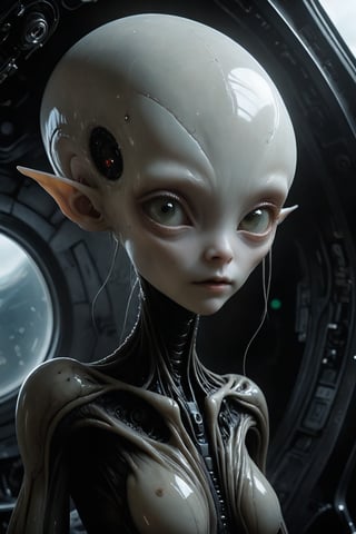beautiful seductive female, half alien half human, pale albino skin, stubby hair, on board of an alien UFO, cinematic, detailed, hyperrealistic, alien technology, futuristic setting, glowing light effects, digital painting, character design by Craig Mullins and H.R. Giger, 4k resolution, octane render,Realistic